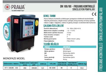 Prana  HP-F 65/130-340    DN 65  220V  Frekans Kontrollü Flanşlı Tip Sirkülasyon Pompası