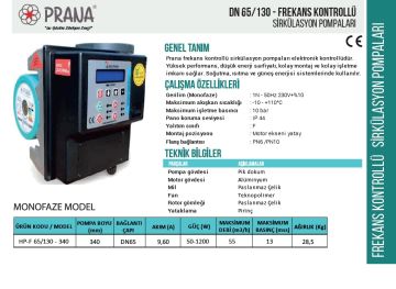 Prana  HP-F 65/130-340    DN 65  220V  Frekans Kontrollü Flanşlı Tip Sirkülasyon Pompası