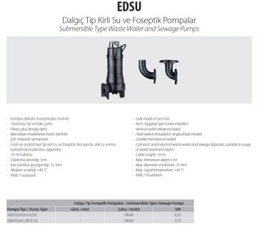 Aquastrong  50EDSUm128-0.75L       0.75kW 380V  Komple Döküm Kirli Su Ve Foseptik Dalgıç Pompa