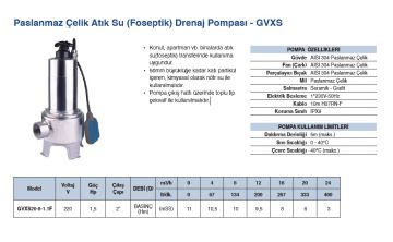 Grandfar GVXS20-8-1.1F  1.5Hp 220V  Paslanmaz Çelik  Atık Pis Su Foseptik Drenaj Dalgıç Pompa