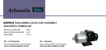 Atlantis Blu KD12-4 BM 3hp 220v Komple Paslanmaz Çelik Çok Kademeli  Santrifüj Pompa