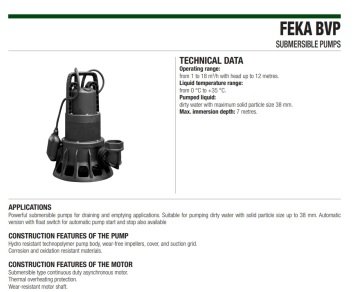 Dab FEKA  BVP 700 M-A    0.7 kW  220V  Atık Su Drenaj Dalgıç Pompa (Maksimum 38 mm partikül içeren sular için)