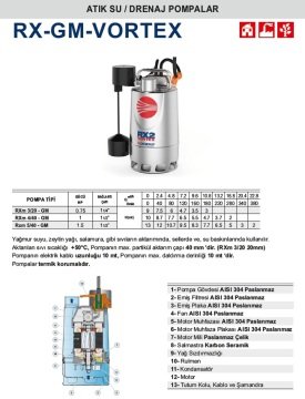 Pedrollo RXm 3/20-GM   0.75Hp 220V   Paslanmaz Atık Su Drenaj Dalgıç Pompa (RX-GM-VORTEX SERİ)