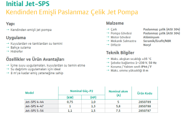 Wilo Initial Jet-SPS 5-56 1.5hp 220v Paslanmaz Gövdeli Jet Pompa