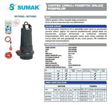 Sumak SDTV20/2   2.2Hp 380V  Açık Fanlı Drenaj ve Pis Su Dalgıç Pompa