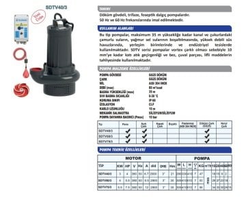 Sumak SDTV40/3   4Hp 380V  Açık Fanlı Drenaj ve Pis Su Dalgıç Pompa