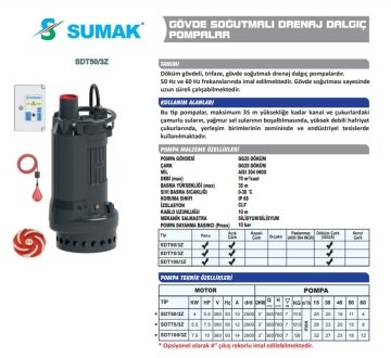 Sumak SDT50/3Z   5.5Hp 380V  Gövde Soğutmalı Foseptik Drenaj Dalgıç Pompa