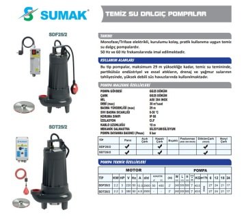 Sumak SDF25/2  3Hp 220V  Temiz Su Dalgıç Pompa