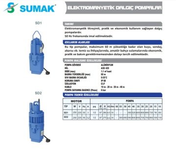 Sumak SD1  10 m. Kablolu 250W 220V Elektromanyetik Dalgıç Pompa (Titreşimli)