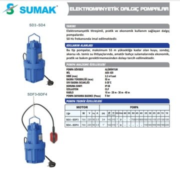 Sumak SD1  20 m. Kablolu 250W 220V Elektromanyetik Dalgıç Pompa (Titreşimli)