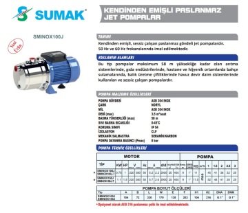 Sumak SMINOX150J  1.5Hp 220V Paslanmaz Kendinden Emişli Jet Pompa