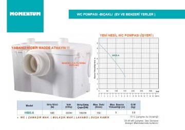 Momentum H600-A  600W 220V  WC Tuvalet Pompası - BIÇAKLI (wc, lavabo, duşakabin, çamaşır makinesi, bulaşık makinesi) EV - İŞYERİ