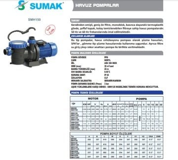 Sumak SMHT85   0.85Hp 380V  Ön Filtreli Havuz Pompası