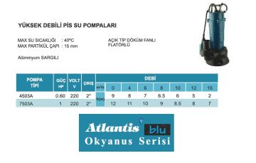 Atlantis 7503A   1Hp 220V Yüksek Debili Pis Su Dalgıç Pompa (Alüminyum Sargılı-Okyanus Serisi)