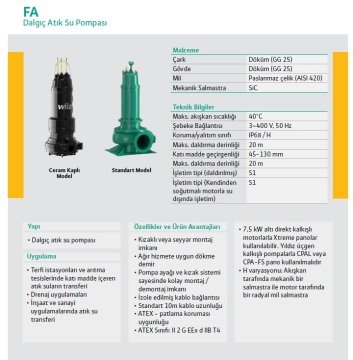 Wilo FA 10.82-230E + T 17.2-4/24H Ex   13.6Hp 380V  Atık Su Ağır Hizmet Tipi Drenaj Dalgıç Pompa
