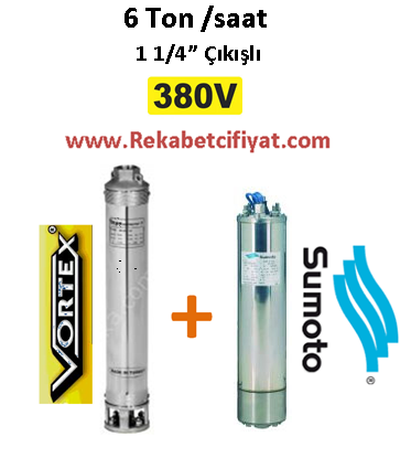 6 GM - 14 1,5HP 380V Vortex Pompa+ Sumoto Motor Derin Kuyu Dalgıç Pompası