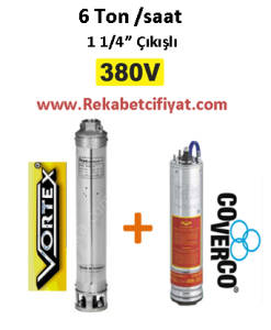 6 GM - 10 1HP 1 1/4'' Çıkışlı 380v Vortex Pompa+ Coverco Motor Derin Kuyu Dalgıç Pompası