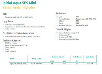 Wilo Initial Aqua SPS 19-5.48 1.8hp 220v 19Lt Tanklı Paslanmaz Jet Paket Hidrofor