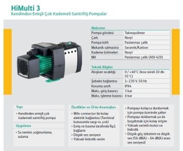 Wilo  HiMulti 3 44 P  0.6kW 220V Kendinden Emişli Çok Kademeli Yatık Santrifüj Pompa