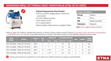 Etna JET 200-50 ES  2Hp 220V  Döküm Gövdeli Kendinden Emişli Jet Pompalı Paket Hidrofor Seti (50 Litre Yatık Tanklı)