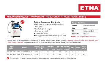 Etna JET INOX 100-50 ES  1Hp 220V  Paslanmaz Çelik Gövdeli Kendinden Emişli Jet Pompalı Paket Hidrofor Seti (50 Litre Yatık Tanklı)