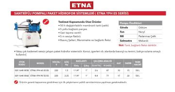 Etna YPH 90-50 ES  2.25Hp 220V  Döküm Gövdeli Çok Kademeli Yatay Santrifüj Pompalı Sessiz Paket Hidrofor Seti (50 Litre Yatık Tanklı)