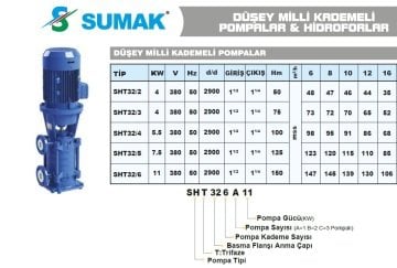 Sumak  SHT32/2A   1X4 kW  380V  Tek Pompalı Döküm Gövdeli Düşey Milli Kademeli Hidrofor