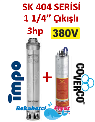 SK 404-27 3HP 380V 1 1/4'' Çıkışlı Sondaj Dalgıç Pompa İmpo Pompa - Coverco Motor(Pompa krom başlıklıdır.)