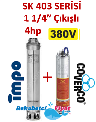 SK 403-37 4HP 380V 1 1/4'' Çıkışlı Sondaj Dalgıç Pompa İmpo Pompa - Coverco Motor(Pompa krom başlıklıdır.)