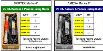 Vortex VRM-P 100   1Hp 220V   4\'\'  25 Metre Kablolu ve Panolu Dalgıç Motor (Bronz Yağ Başlıklı)