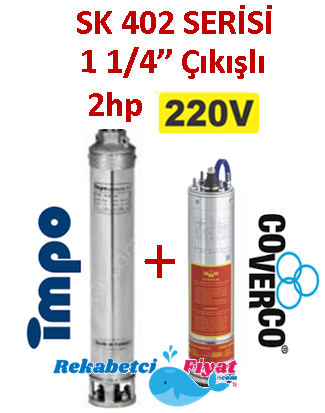 SK 402-27 2HP 220V 1 1/4'' Çıkışlı Sondaj Dalgıç Pompa İmpo Pompa - Coverco Motor(Pompa krom başlıklıdır.)