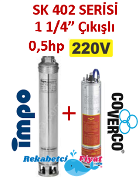 SK 402-07 0.5HP 220V 1 1/4'' Çıkışlı Sondaj Dalgıç Pompa İmpo Pompa - Coverco Motor(Pompa krom başlıklıdır.)