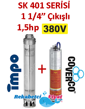 SK 401-38 1.5HP 380V 1 1/4'' Çıkışlı Sondaj Dalgıç Pompa İmpo Pompa - Coverco Motor(Pompa krom başlıklıdır.)