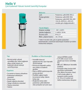 Wilo Helix  V 1011-1/16/E/S   5.5Hp 380V  Dik Milli Çok Kademeli Yüksek Verimli Komple Paslanmaz Santrifüj Pompa