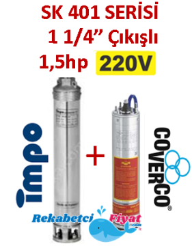 SK 401-38 1.5HP 220V 1 1/4'' Çıkışlı Sondaj Dalgıç Pompa İmpo Pompa - Coverco Motor(Pompa krom başlıklıdır.)