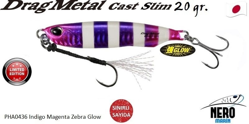 Drag Metal Cast Slim Tachi Jig 20Gr. PHA0436 Indigo Magenta Zebra Glow