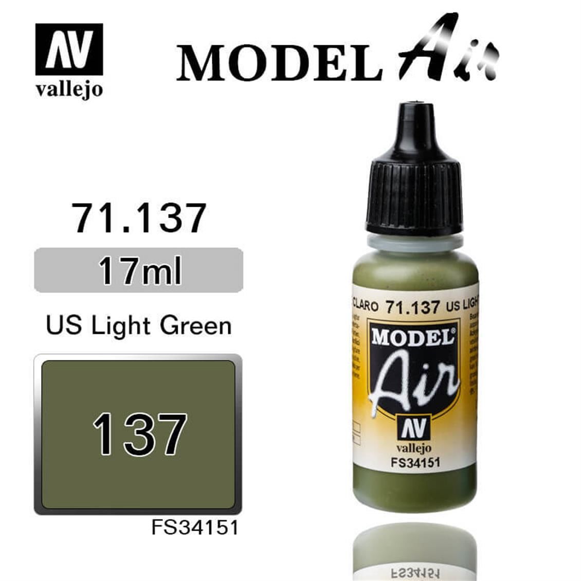 Vallejo 71137 17 ml. US Light Green, Model Air Serisi Model Boyası