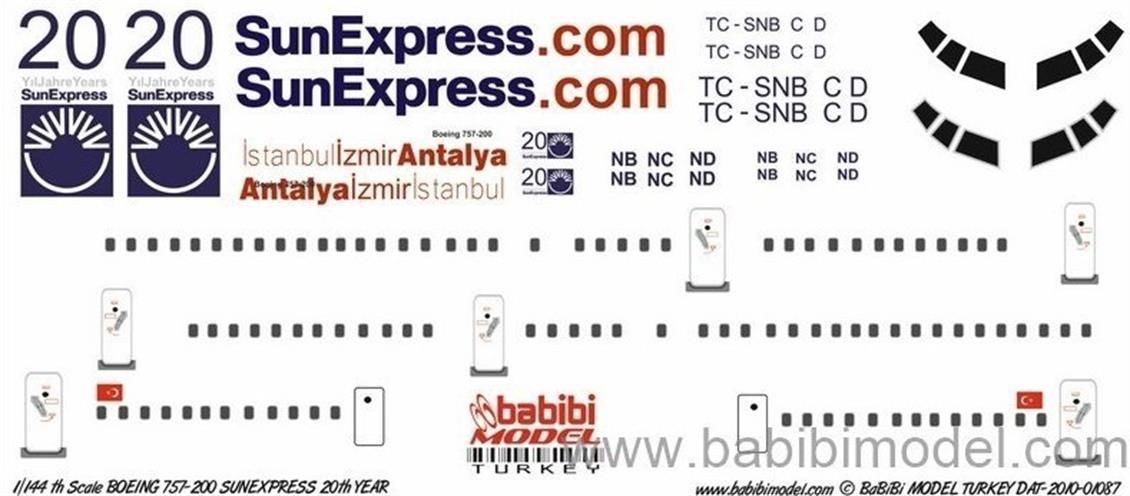 Babibi DAT01087 1/144 Sun Express, Boeing 757-200, Dekal Çıkartma