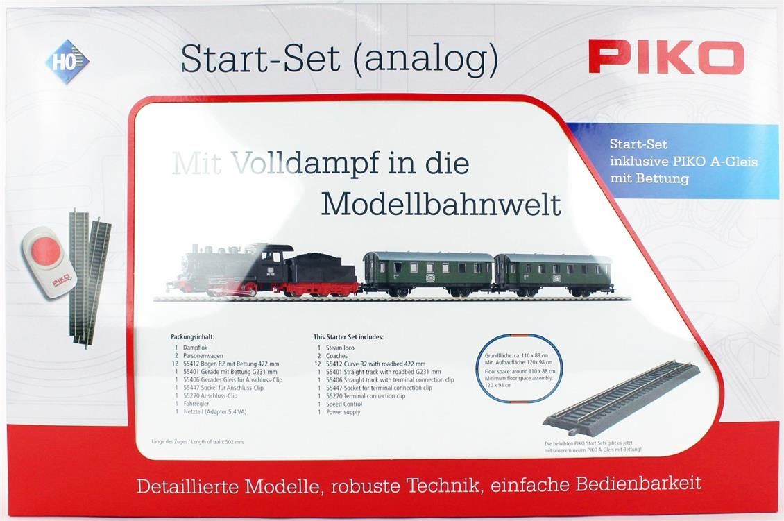 Starter Set Passenger Train DB with Steam loco + tender, PIKO A-Track w. Railbed