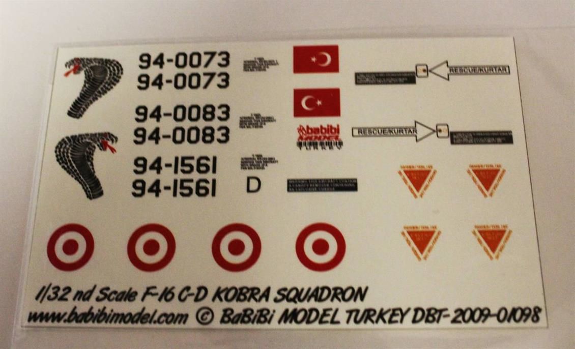 Babibi DBT01098 1/32 Turaf F-16 C/D, 191.Kobra Filo, Dekal Çıkartma