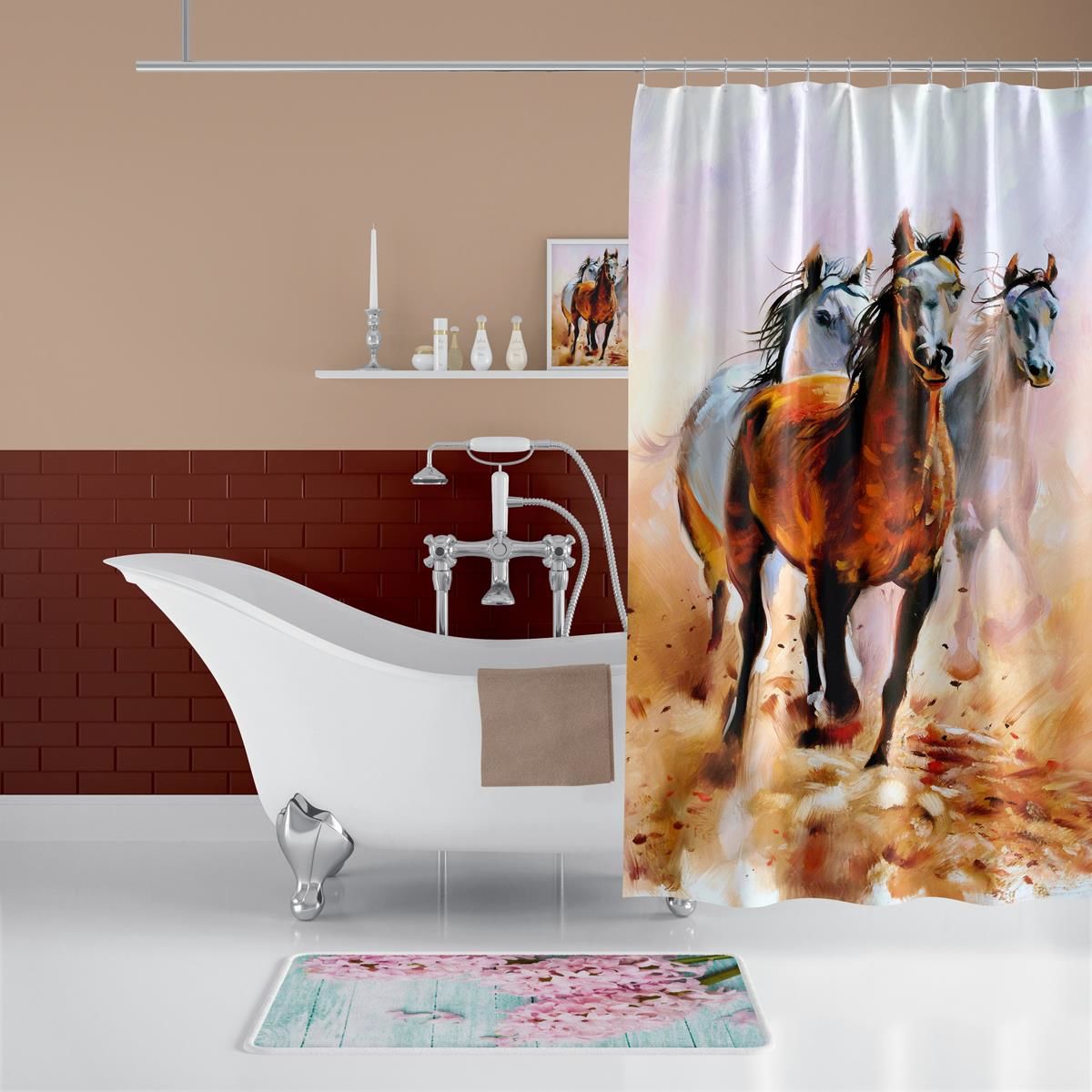 Banyo Paspas Ve Tek Kanat Duş Perdesi 1x180x200 Set Banyo Halısı Horses