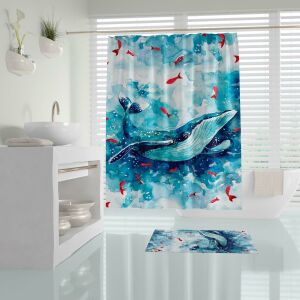 Banyo Paspas Ve Tek Kanat Duş Perdesi 1x180x200 Set Banyo Halısı Whale