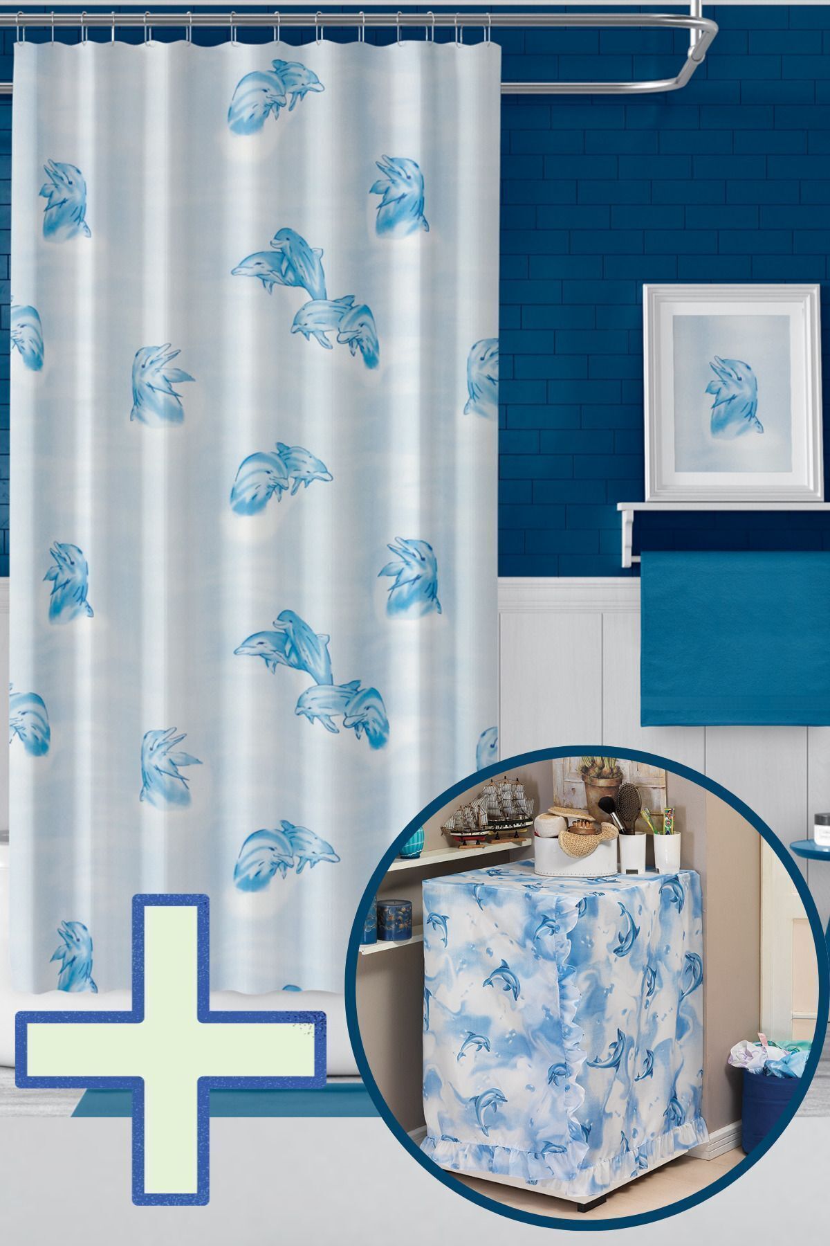 Banyo Perdesi 1x110x200 Tek Kanat Duş Perdesi Halka Hediyeli Ve Çamaşır Makina Örtüsü 7085
