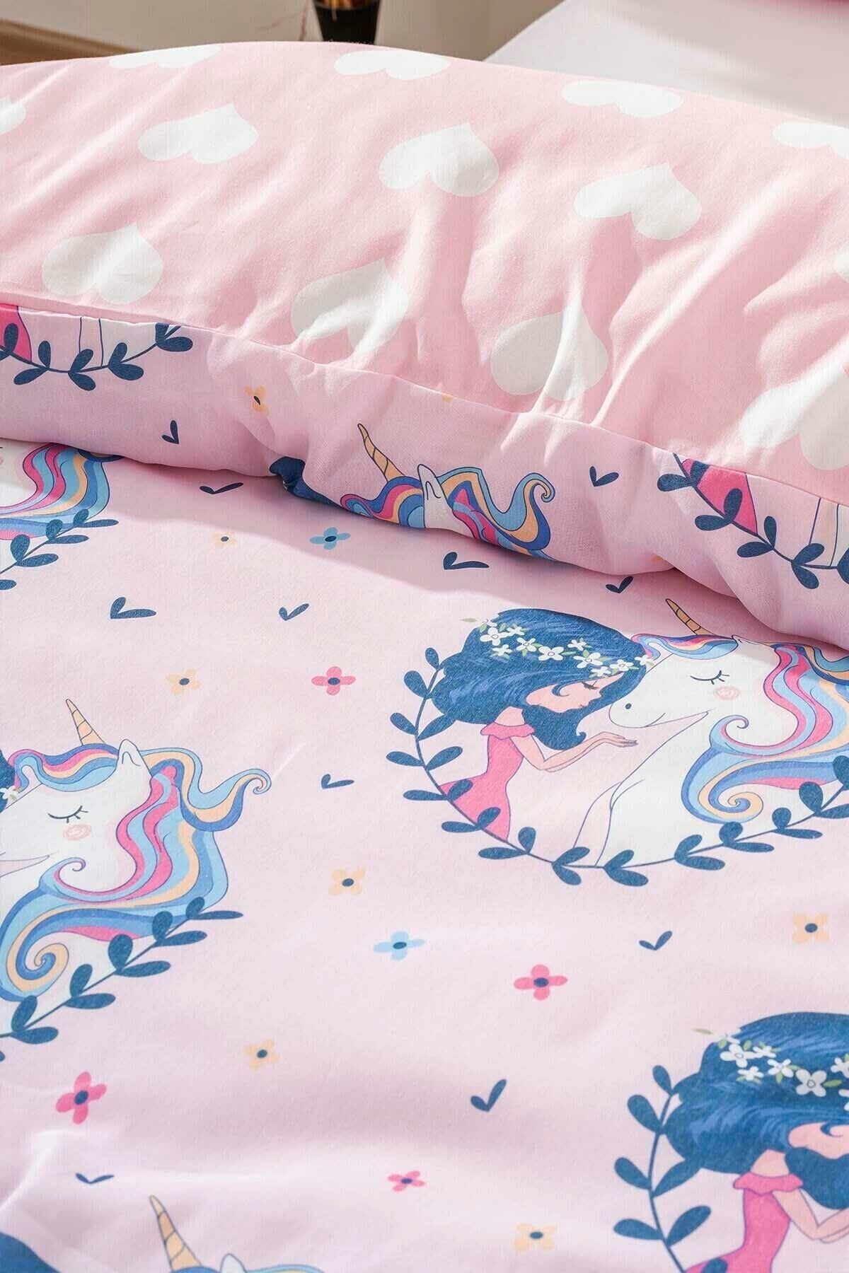 Zethome Unicornlu Pembe Çift Taraflı Kız Çocuk Nevresim Takımı Pamuklu 160x220 cm