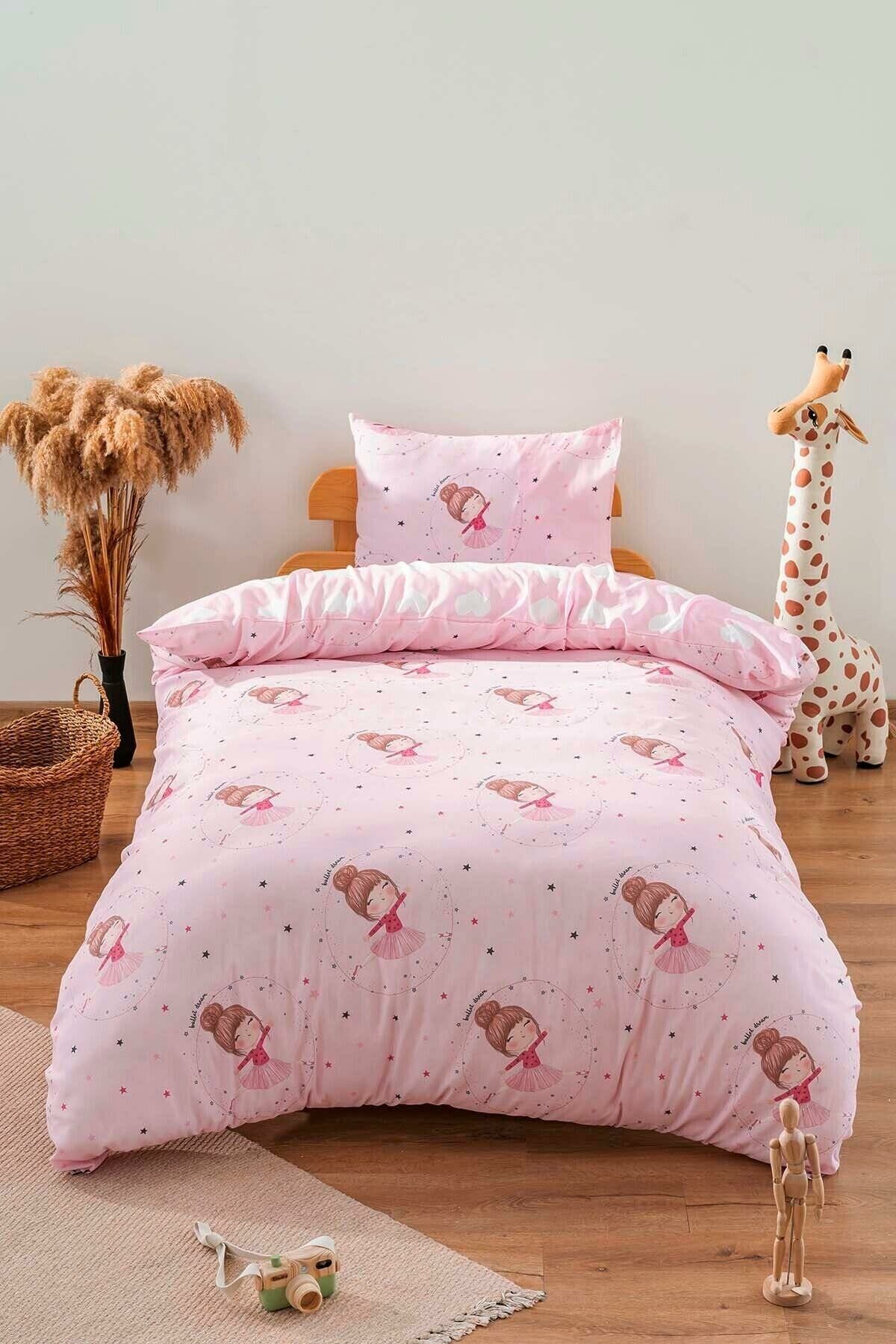 Zethome Balerin Kız Pembe Çift Taraflı Çocuk Nevresim Takımı Pamuklu 160x220
