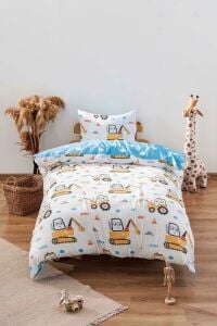 Zethome Mavi İş Arabalı Çift Taraflı Çocuk Nevresim Takımı Pamuklu 160x220cm