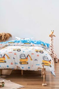 Zethome Mavi İş Arabalı Çift Taraflı Çocuk Nevresim Takımı Pamuklu 160x220cm