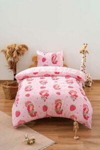 Zethome Çilek Kız Pembe Çift Taraflı Çocuk Nevresim Takımı Pamuklu 160x220cm