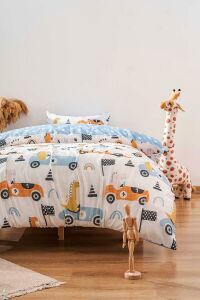 Zethome Arabalı Dinozorlar Çift Taraflı Çocuk Nevresim Takımı Pamuklu 160x220cm