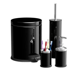Zethome Siyah Dörtlü Banyo Seti (Çöp Kovası-Fırça-Sabunluk-Diş Fırçalık)